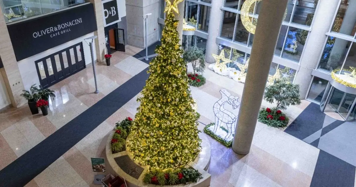 Large decorated Christmas tree in mall lobby with light displays